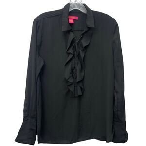 Catherine Malandrino Womens Medium Black Sheer Tie Front Ruffle Long Sleeve Top